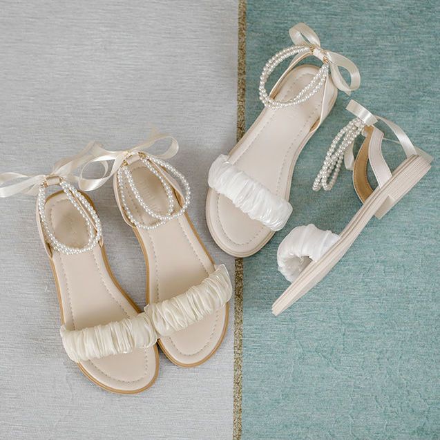 Giày Sandal Gót Thấp Đính Nơ Phối Ren Và Ngọc Trai Thời Trang Mùa Hè Cho Nữ