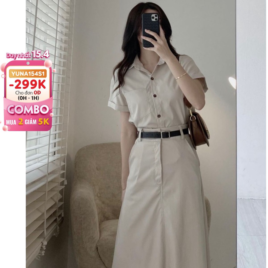 Sét áo mix chân váy midi chất kaki 2 da tặng kèm bell siêu hothit, thời trang nữ YUNA