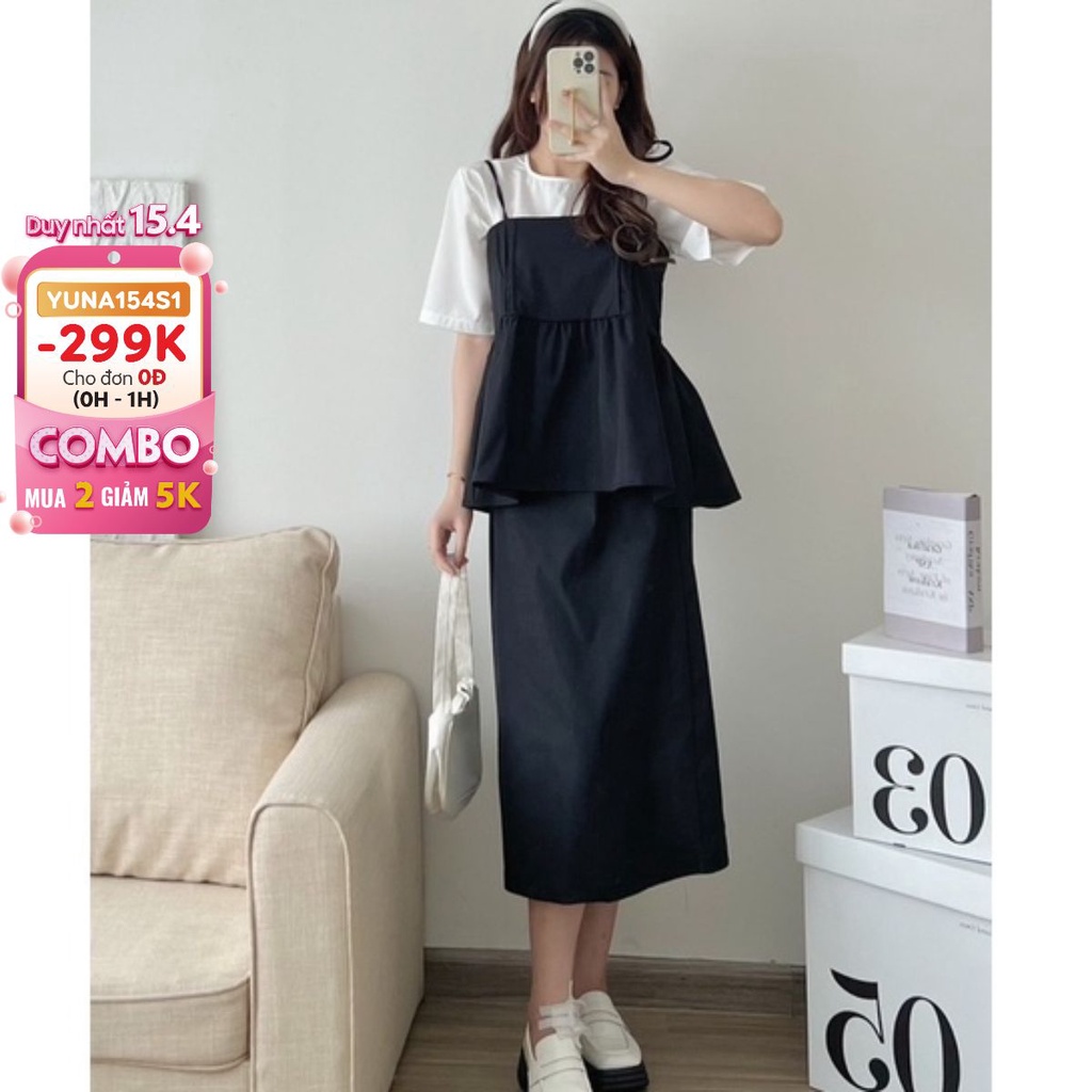Sét áo peplum chân váy midi dáng dài hai màu cực xinh phong cách Ulzzang, thời trang nữ YUNA
