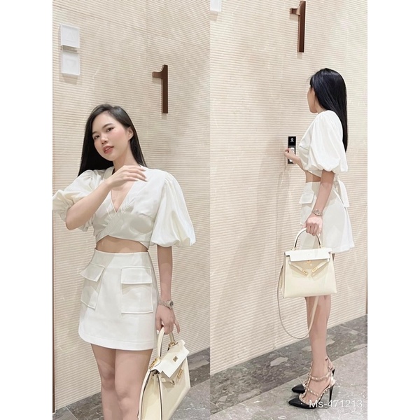 SET CROP TRẮNG CỔ ĐẮP CHÉO CỘT EO CHÂN VÁY TÚI HỘP