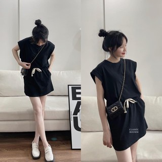 Set áo tanktop bra liền kèm chân váy chất cotton màu đen, nâu tây