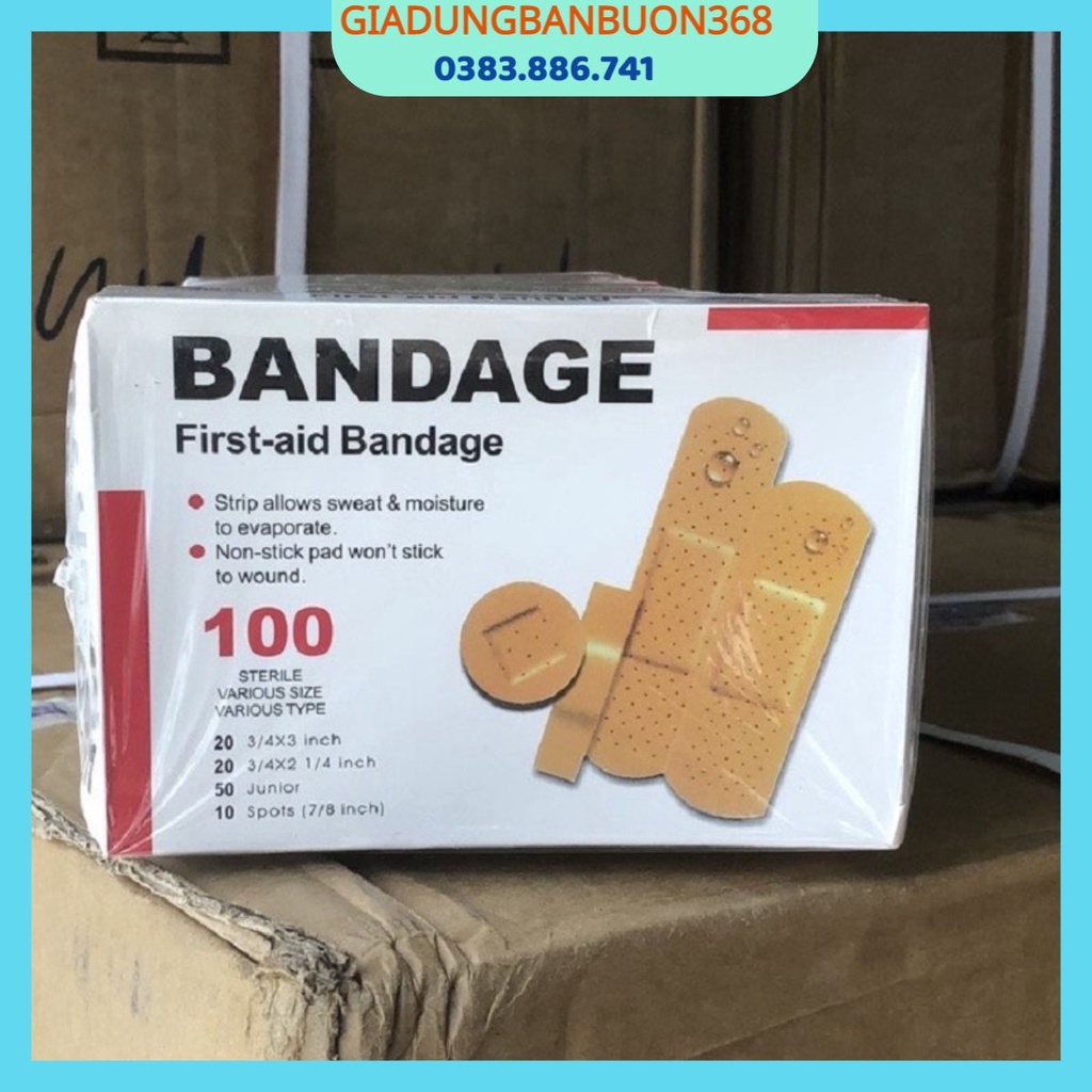 Hộp 100 Băng Gâu Cá Nhân Dán Vết Thương Tránh Nhiễm Trùng, Hộp Băng Gạc Y TẾ 100 Miếng To Nhỏ Các Size Tiện Dụng