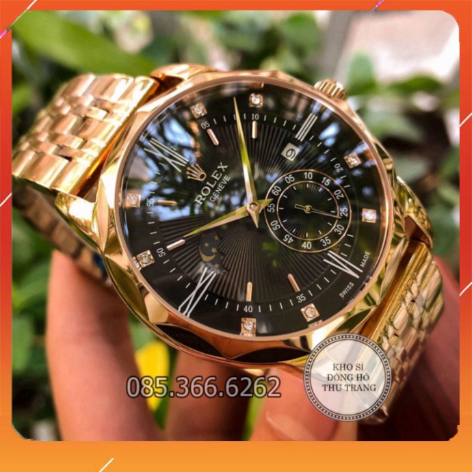 Đồng hồ Nam Rolex máy nhật, mẫu 3kim cắt vát mặt đen viền vàng dây da, dòng cơ Automatic size 40mm-41mm - ngày hội siêu