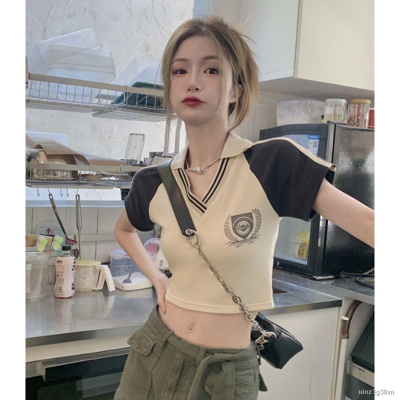 Áo phông nữ cổ chữ V trễ vai kiểu Mỹ Áo sơ mi polo dáng ôm ngắn kiểu Âu Mỹ hot girl tops