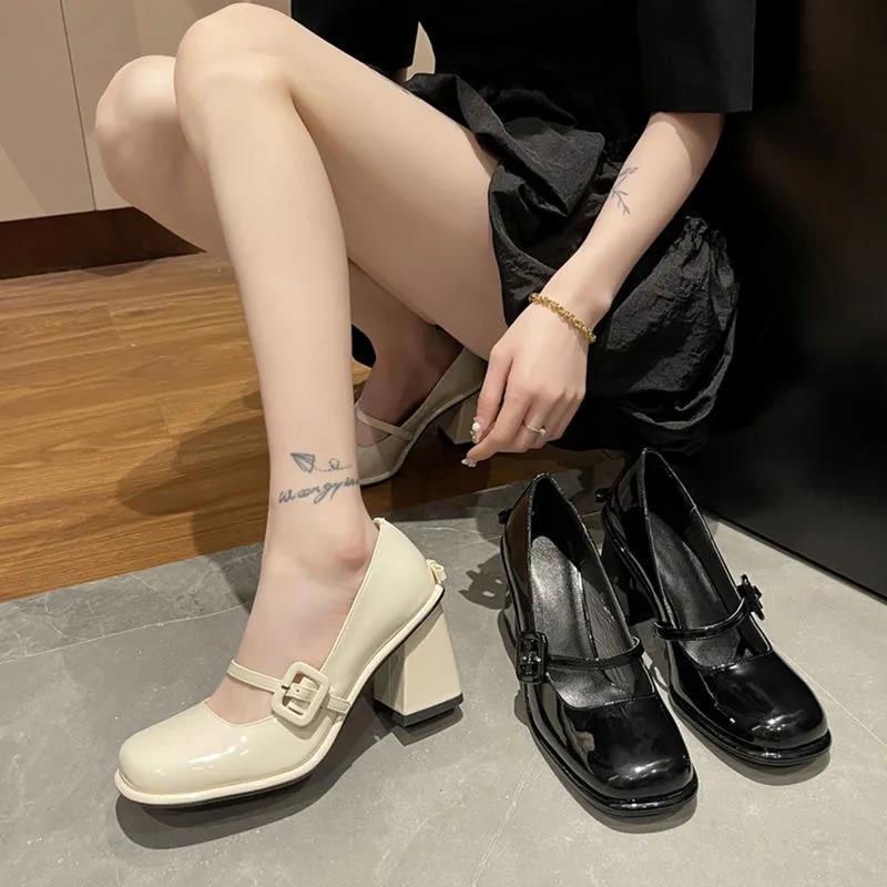 Giày cao gót Pháp Giày da nhỏ Thô gót Mary Jane