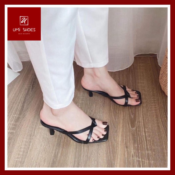 Guốc cao gót 7cm kiểu quai mảnh kẹp xỏ ngón xinh mẫu mới đơn giản mũi vuông gót nhọn màu đen/trắng đẹp KHOGIẦYGIÁ