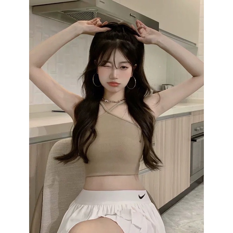 Áo Croptop Cổ Yếm Nữ Kiểu Cột 2 Dây Ôm Body Gân Tăm Softie B05