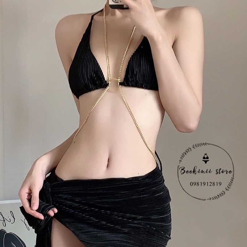 Bikini 3 Chi Tiết Phối Xích - Bikini Đen Kèm Khăn Quấn - Đồ Bơi 2 Mảnh Sexy