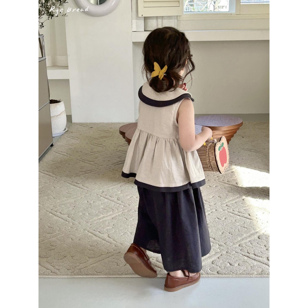 Bộ Áo Sơ Mi + Quần Ống Rộng Bằng Cotton Linen Phong Cách Phương Tây Dành Cho Bé Gái