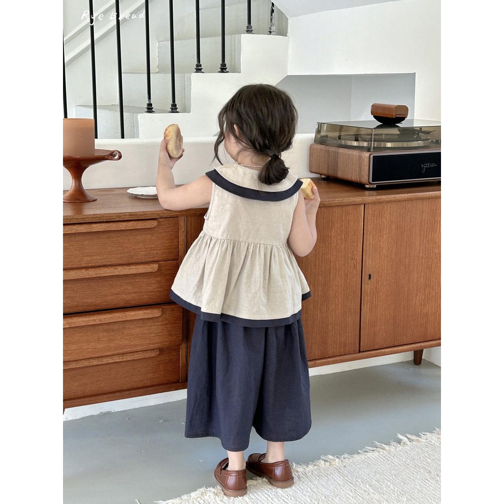 Bộ Áo Sơ Mi + Quần Ống Rộng Bằng Cotton Linen Phong Cách Phương Tây Dành Cho Bé Gái