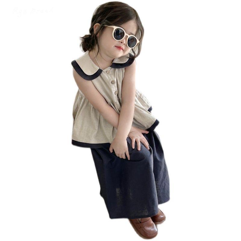 Bộ Áo Sơ Mi + Quần Ống Rộng Bằng Cotton Linen Phong Cách Phương Tây Dành Cho Bé Gái