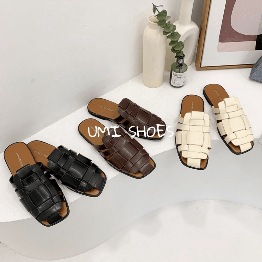 Giày sục nữ thời trang dáng đan rọ mũi vuông đế bằng bệt hot trend kiểu mới xinh đẹp da mềm công sở màu đen/trắng/kem KH
