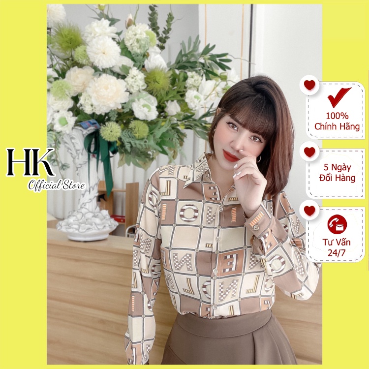 Áo sơ mi nữ lụa dài tay cao cấp công sở họa tiết ô vuông nâu chữ to cao cấp, áo sơ mi họa tiết thiết kế HK Official