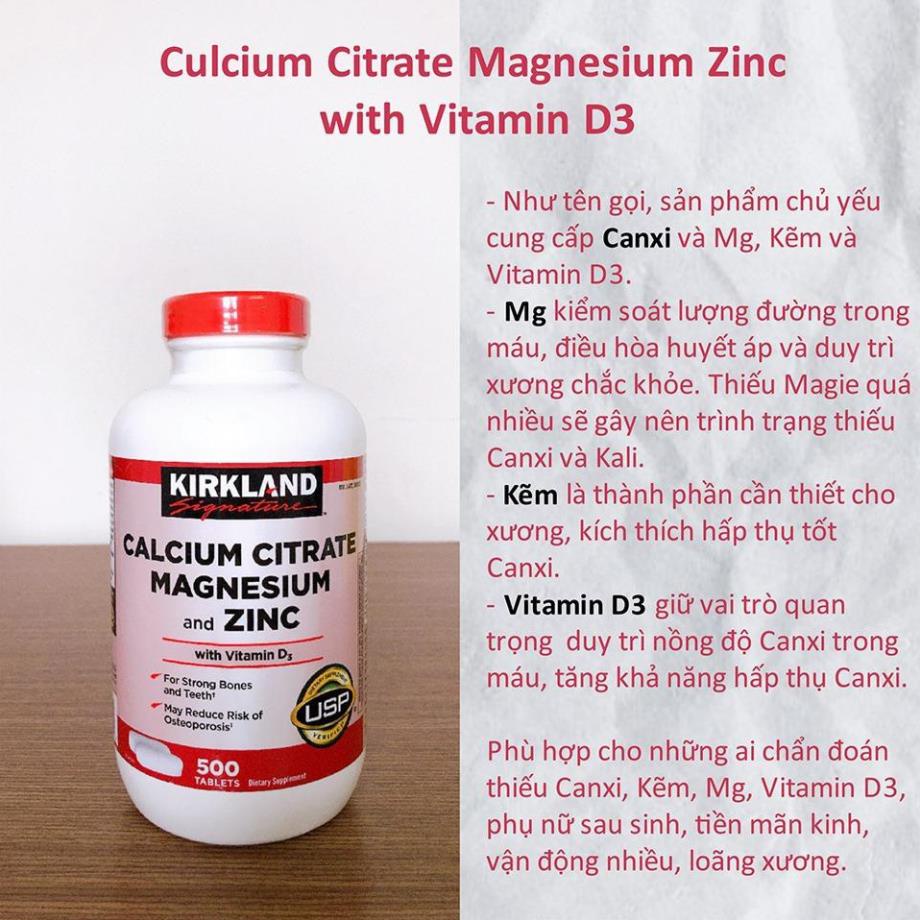 Viên Uống Kirkland Calcium Citrate Magnesium & ZinC - 500v - Mỹ