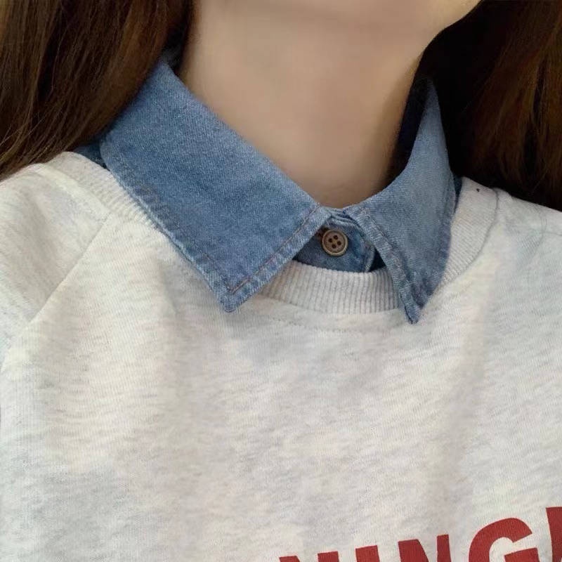 Áo Sweater Cổ Tròn Giả Jean Thời Trang Hàn Quốc Dễ Phối Đồ Cho Nữ