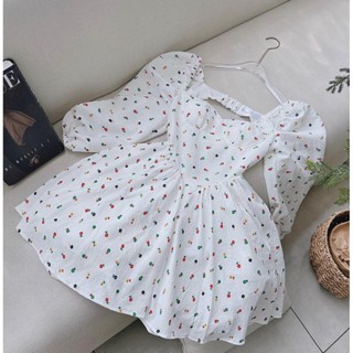 Đầm hoa màu cutout dây thun ngang