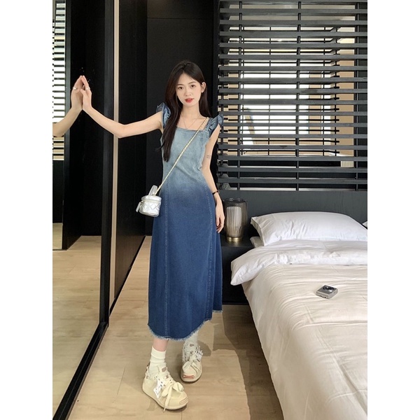 Váy Dây Denim Mùa Hè 2023 , Tay Cộc Thắt Eo