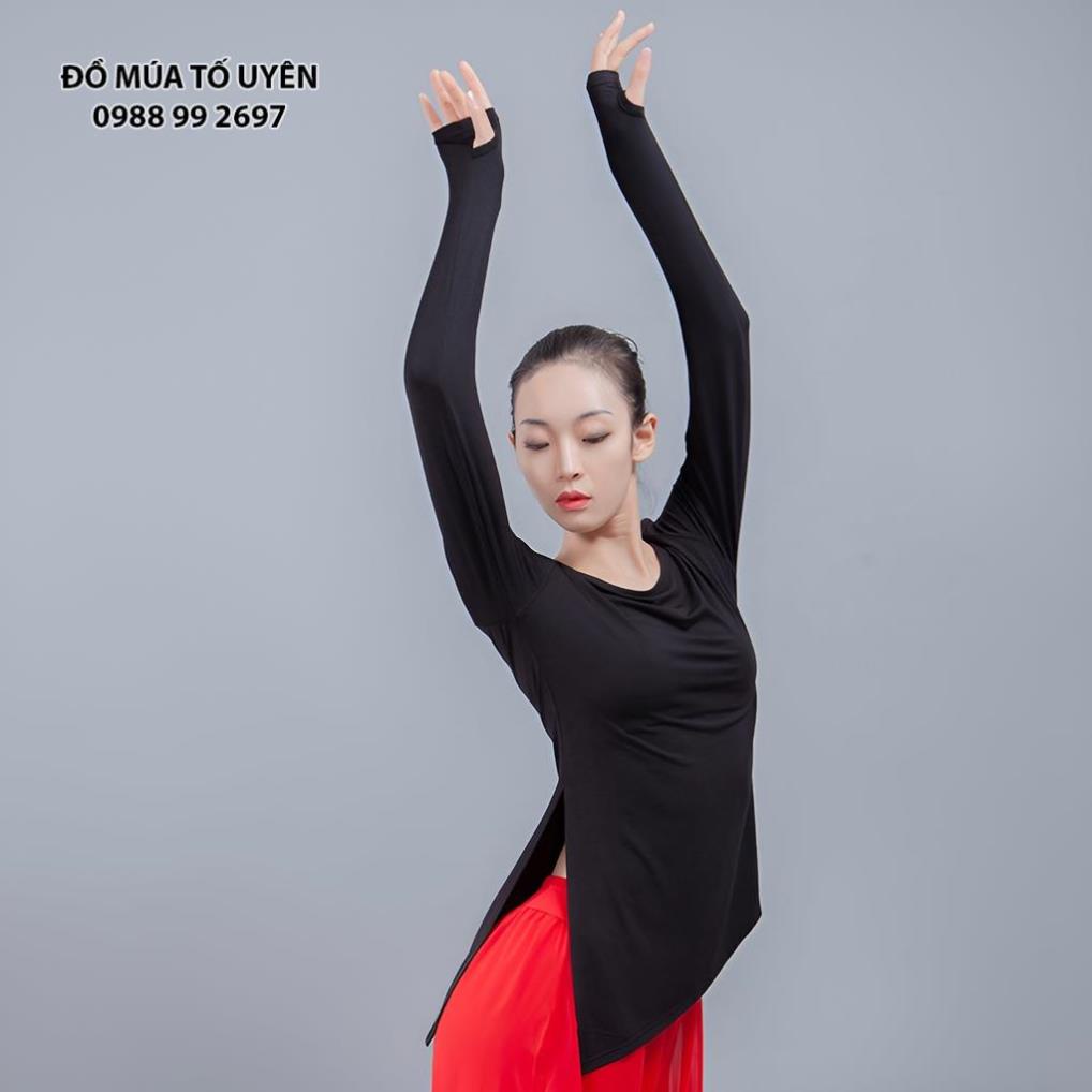 Áo tập múa xẻ tà dài tay xỏ ngón  - Đồ Múa Tố Uyên