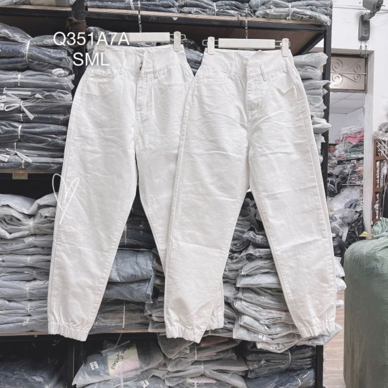Quần jean trắng ,quần baggy bò trắng trơn bo chun gấu công sở siêu hot - Q3517