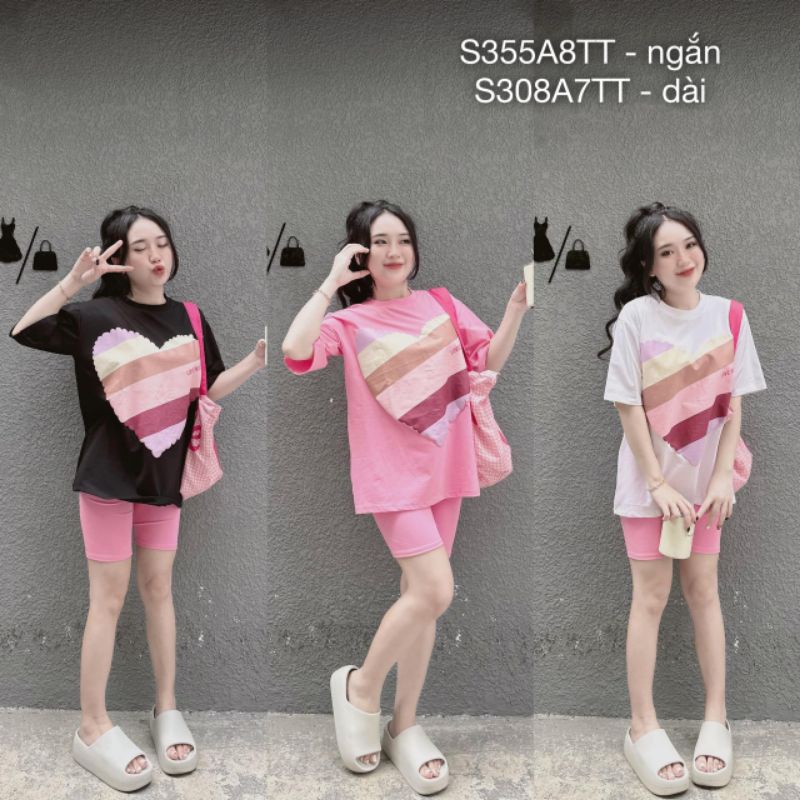 Đồ Bộ Ngố Trái Tim ,Set Bộ Nữ Bigsize Quần Lửng Ôm ,Áo Phông Tay Lỡ In Hình Dễ Thương ,Thun Cao Cấp