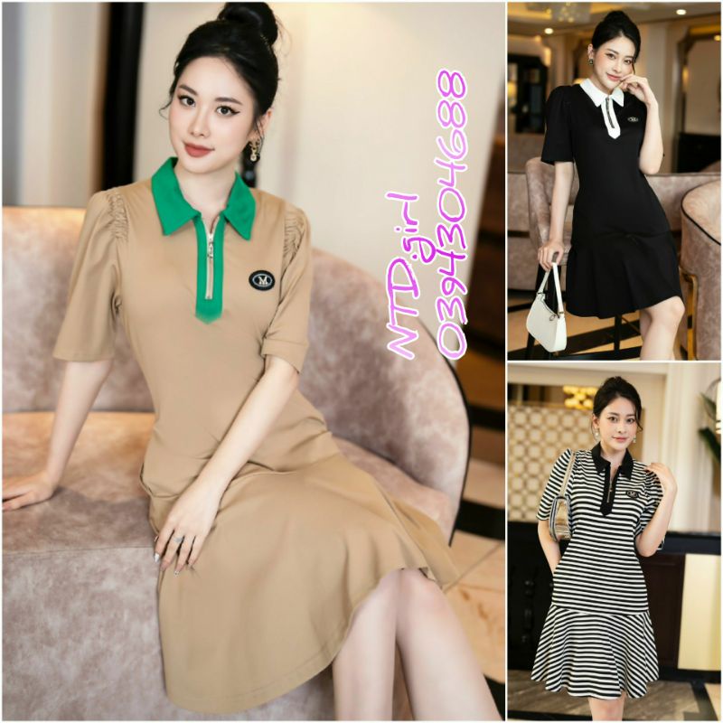 Hàng nhập - Đầm dáng ôm đuôi cá xòe cổ sơ mi, váy body dạo phố thun mịn mát