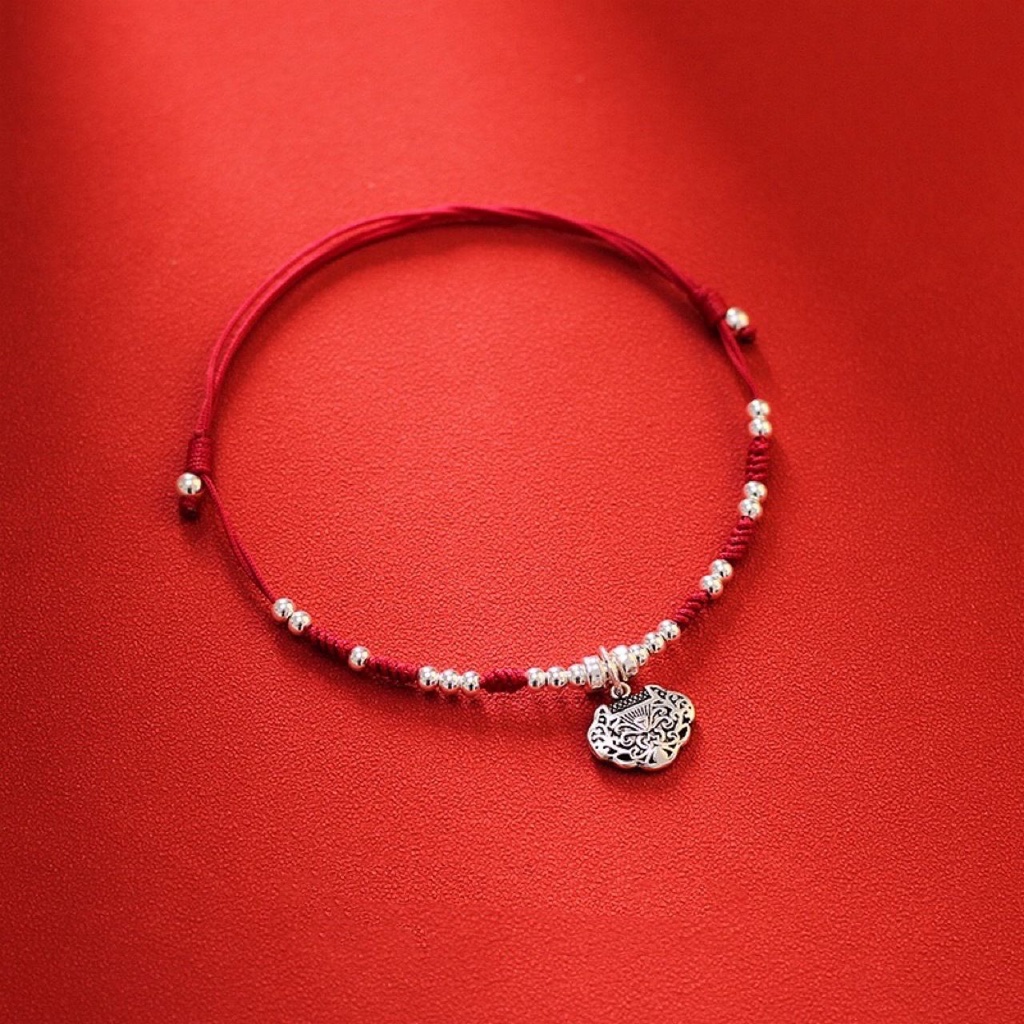 Lắc Chân Bện Dây Đỏ Năm Mới 2022 An Toàn Bằng Bạc sterling Dễ Thương Cho Nữ