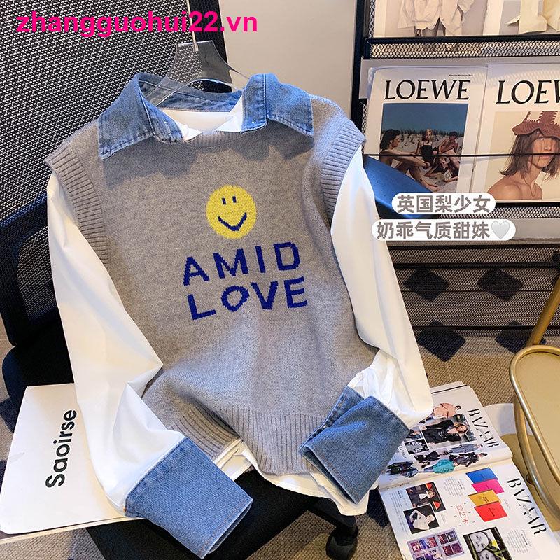 Set Áo Thun Dài Tay Cổ Tròn + Áo Khoác Jeans Không Tay Thời Trang Nữ