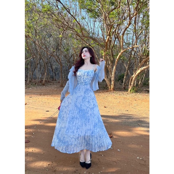 Váy maxi đi biển -váy mùa hè 2 dây kèm khoác - maxi đi biển - đầm tiểu thư