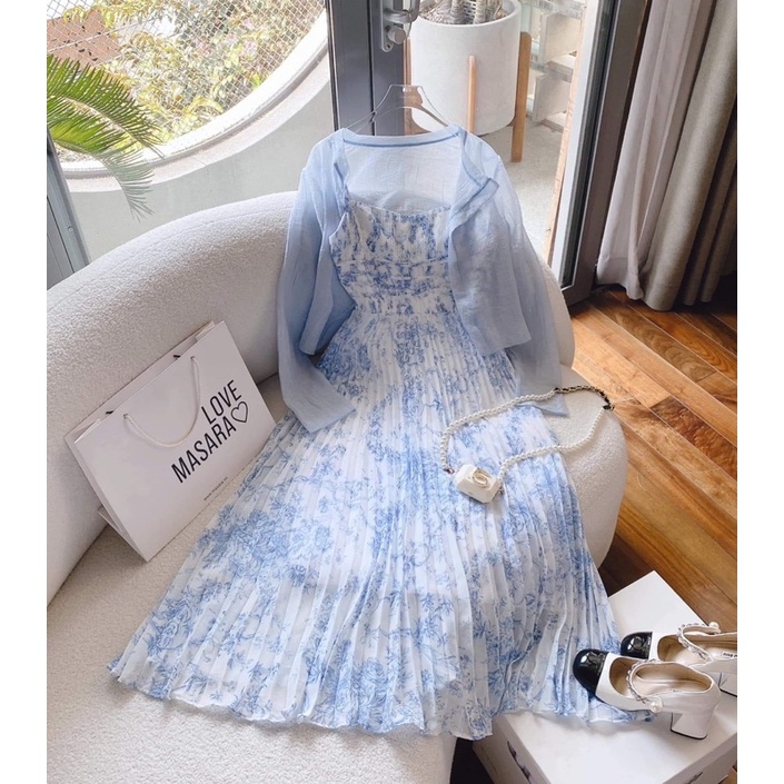 Váy maxi đi biển -váy mùa hè 2 dây kèm khoác - maxi đi biển - đầm tiểu thư