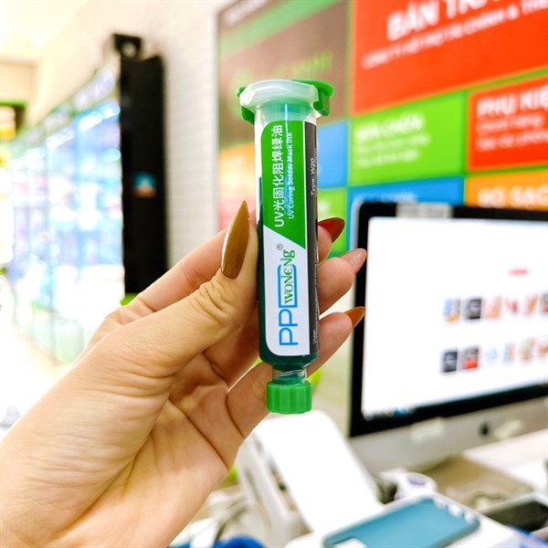 Keo UV xanh phủ mạch hàng như hình.