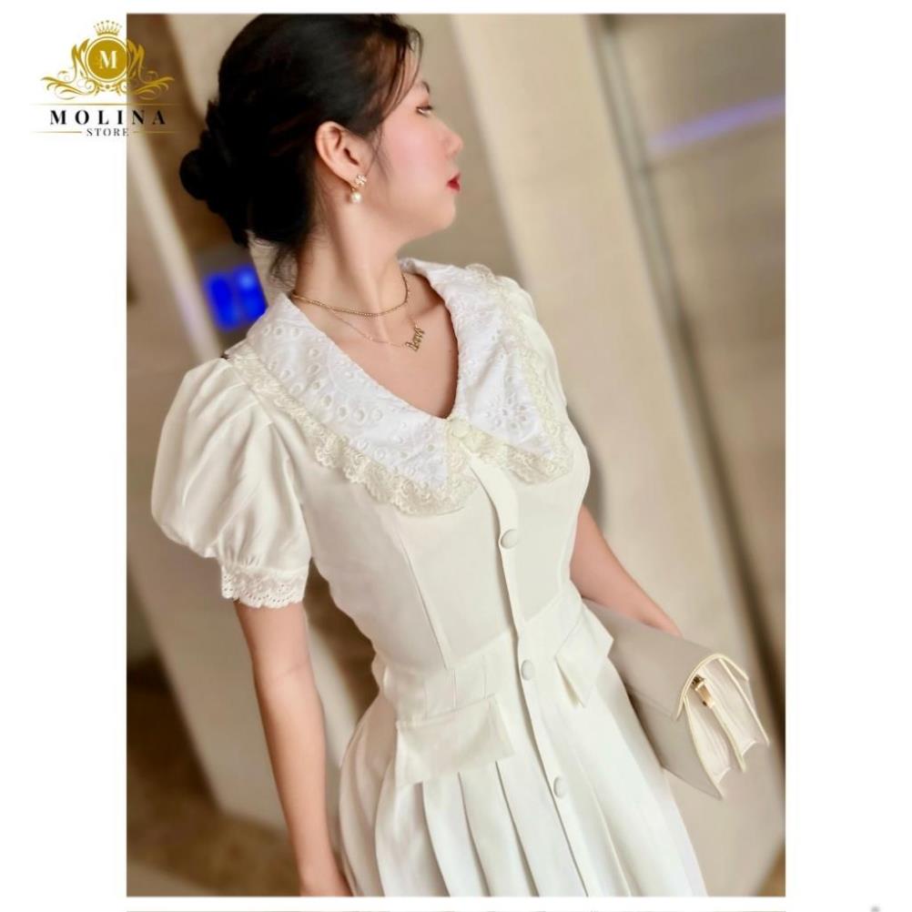 Váy Công Sở Nữ Molina Dáng Chữ A Xếp Ly Cổ Ren Cách Điệu Thanh Lịch Chất Kaki Lụa Cao Cấp .