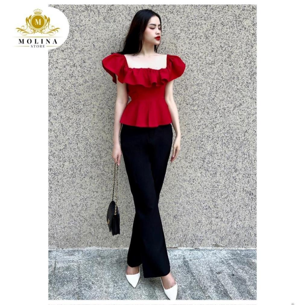 Set Công Sở Quần Loe Phối Áo Trễ Vai Molina Nhún Bèo Cổ Vuông Hack Dáng Sang Chảnh, Chất Linen Bố Mềm Mát .