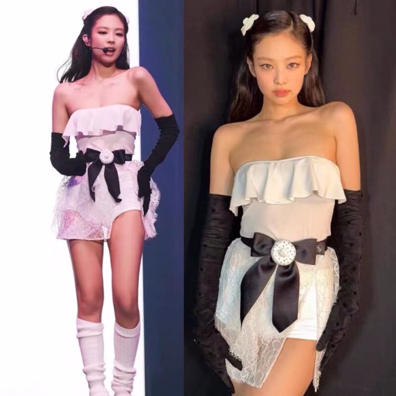 Balletcore cùng Jennie Blackpink trang phục đầm trắng ren thắt nơ