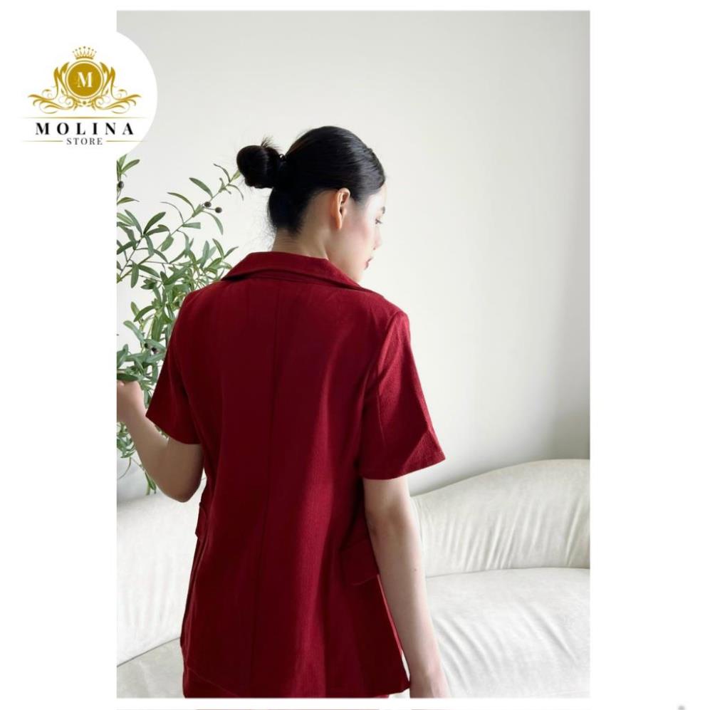 Set Áo Vest Thiết Kế Molina Tay Ngắn Phối Nút Bọc Kèm Quần Short, Chất Kaki Thun Nhung Cao Cấp Mềm Mịn .