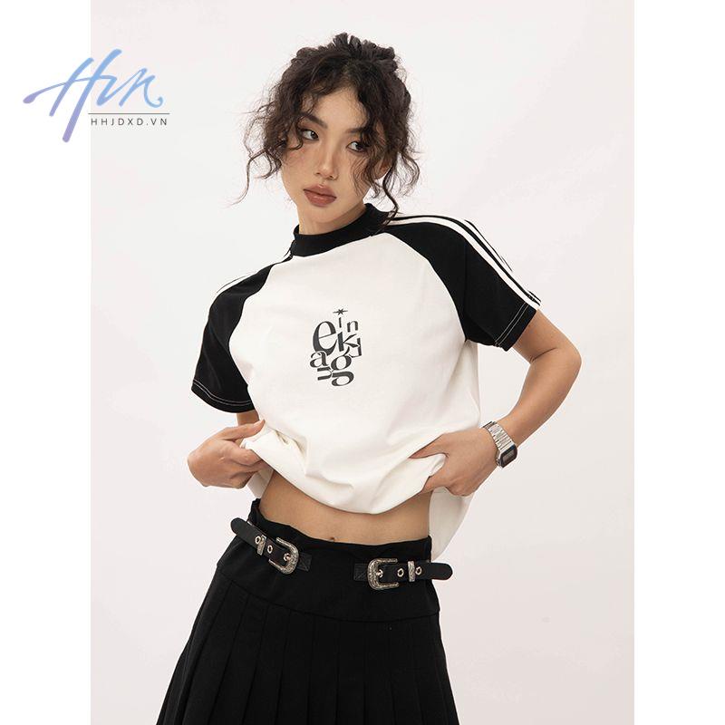 Áo Thun Tay Ngắn Raglan Màu Sắc Tương Phản Phong Cách Mỹ Thời Trang Mùa Hè 2023 Mới Cho Nữ