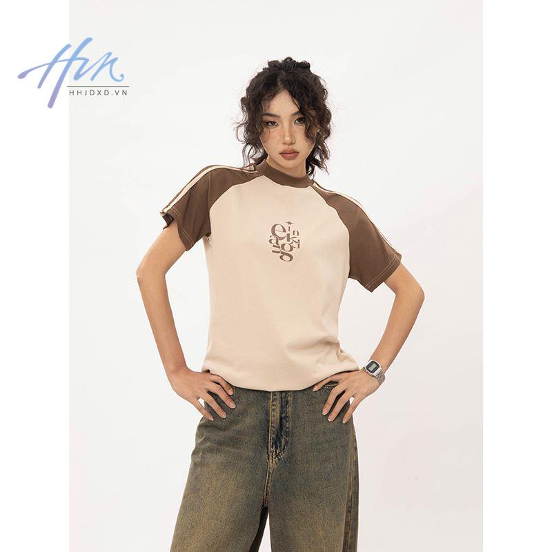 Áo Thun Tay Ngắn Raglan Màu Sắc Tương Phản Phong Cách Mỹ Thời Trang Mùa Hè 2023 Mới Cho Nữ