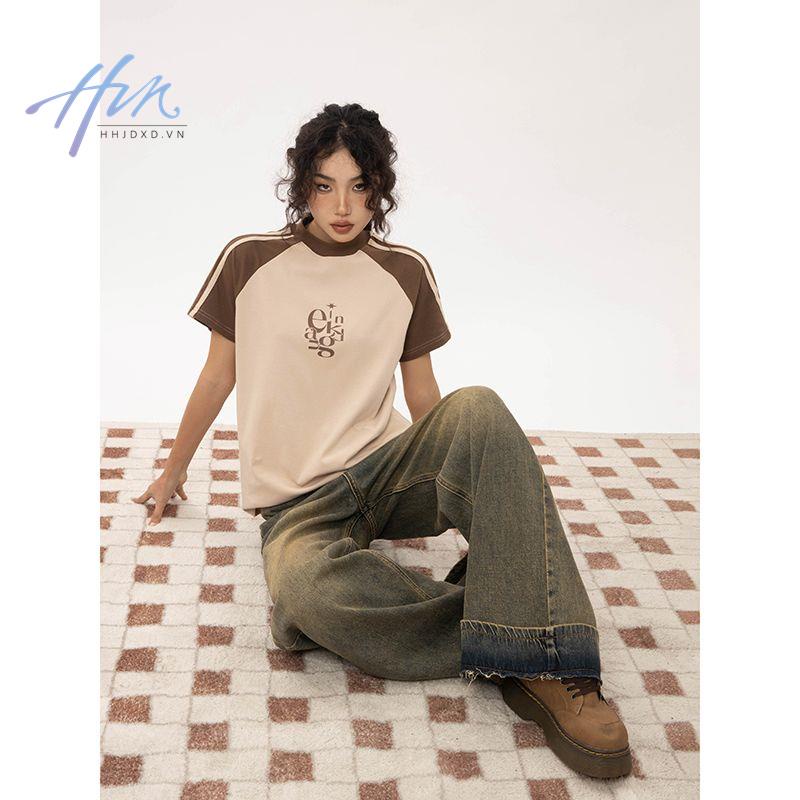 Áo Thun Tay Ngắn Raglan Màu Sắc Tương Phản Phong Cách Mỹ Thời Trang Mùa Hè 2023 Mới Cho Nữ