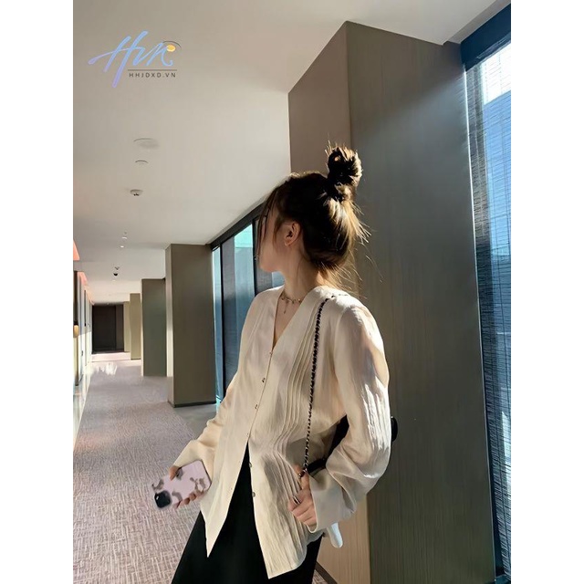 Áo Sơ Mi Cổ Chữ v Xếp Ly Phối Thắt Lưng Phong Cách Pháp Dễ Phối Đồ Thời Trang Cho Nữ