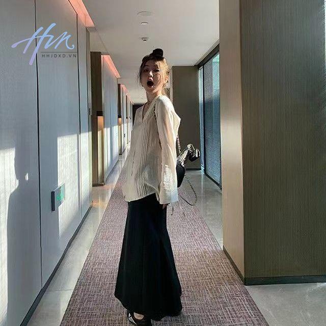 Áo Sơ Mi Cổ Chữ v Xếp Ly Phối Thắt Lưng Phong Cách Pháp Dễ Phối Đồ Thời Trang Cho Nữ