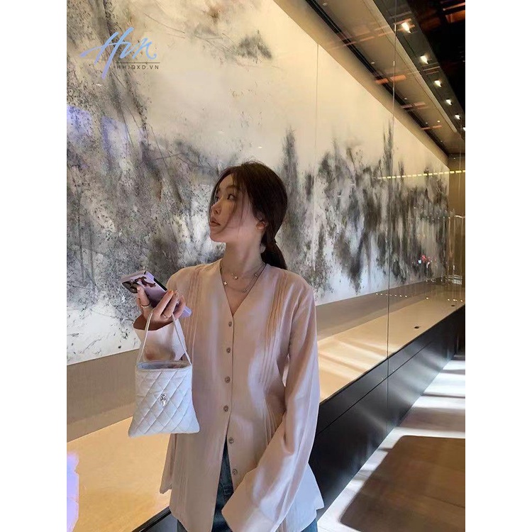 Áo Sơ Mi Cổ Chữ v Xếp Ly Phối Thắt Lưng Phong Cách Pháp Dễ Phối Đồ Thời Trang Cho Nữ