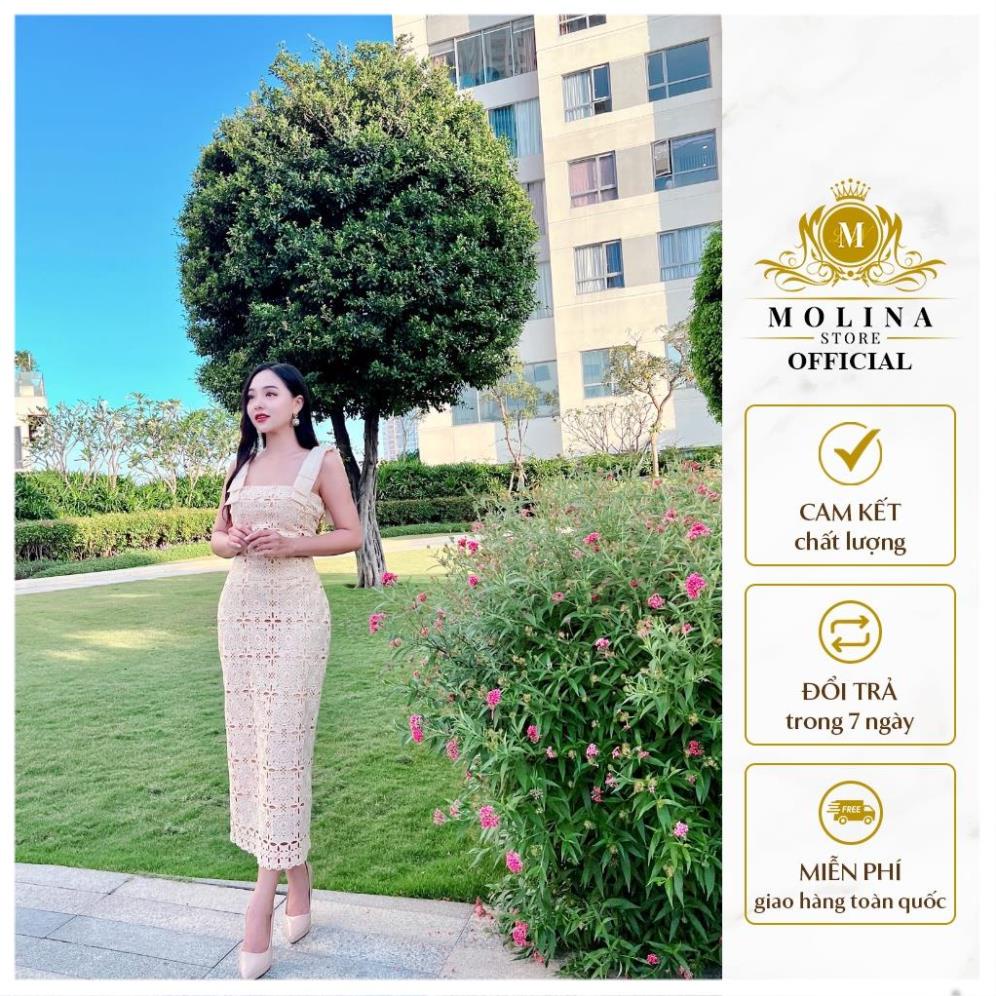 Đầm Maxi Ren 2 Dây Dáng Ôm Body Thiết Kế Molina Đính Đá Nơ Vai Nữ Tính Quyến Rũ, Phù Hợp Đi Tiệc Sang Trọng .