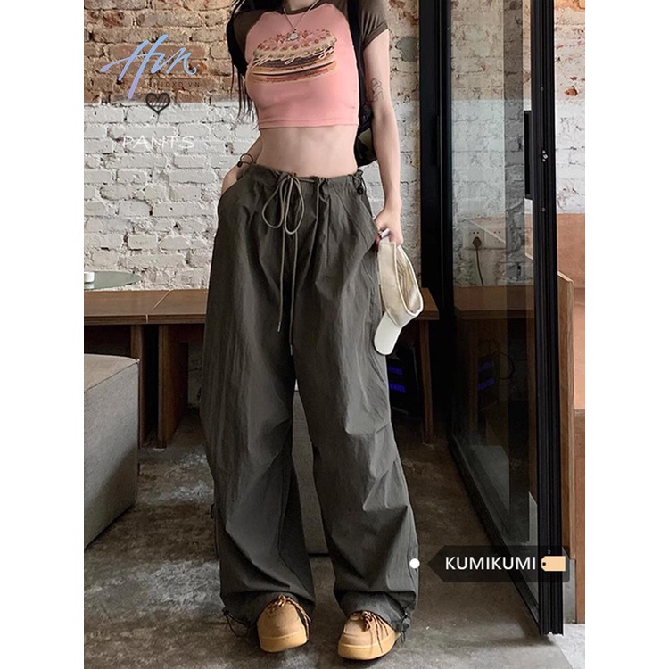 Quần Yếm Dây Rút Ống Rộng Eo Cao Thiết Kế Mới Mùa Hè Phong Cách Retro Mỹ Cho Nữ