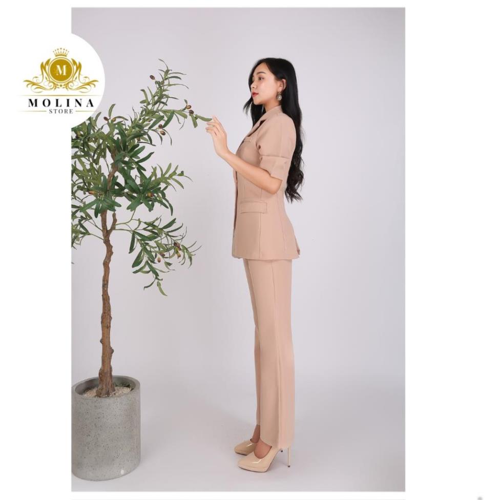Set Áo Vest 2 Nút Cộc Tay Thiết Kế Molina Phối Quần Ống Loe Thanh Lịch Tôn Dáng, Chất Kaki Thun Lụa Dày Dặn Chuẩn Form .