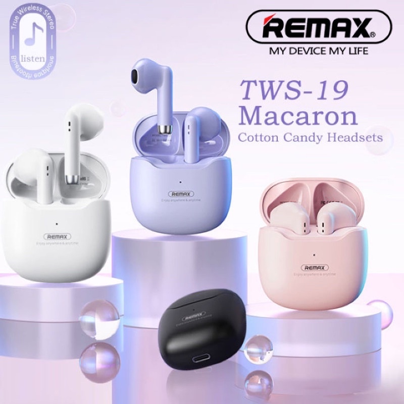 Tai nghe Bluetooth không dây REMAX TWS-19. Có mic thoại, cảm ứng trên tai, đổi tên thiết bị.Pin nghe nhạc 4 tiếng