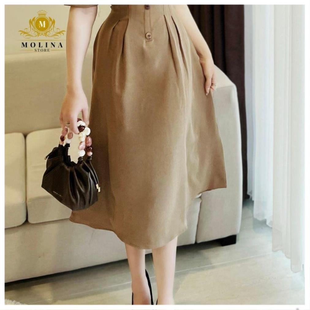 Đầm Thiết Kế Dáng Dài Nữ Molina Cổ Sen Trắng Nhấn Eo Khuy, Chất Liệu Kaki Lụa Cao Cấp .