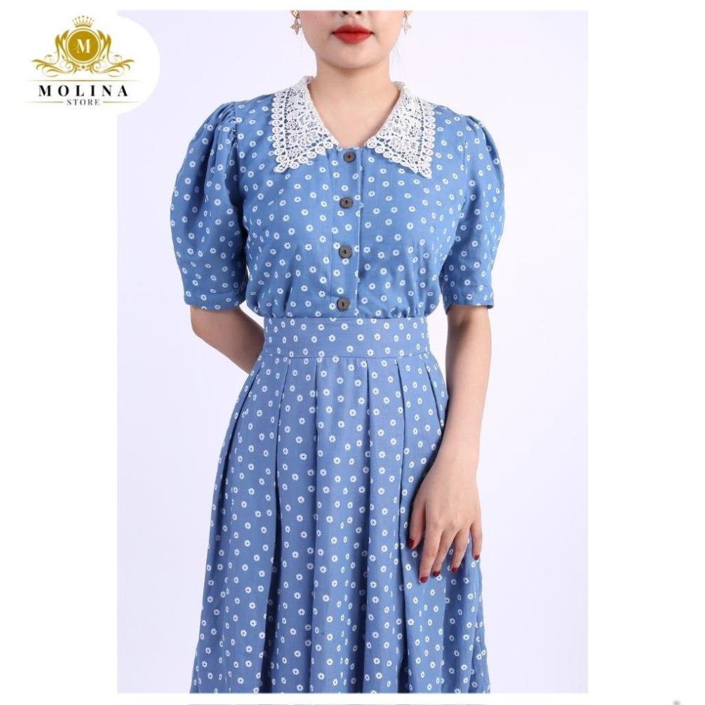 Set Áo Croptop Cổ Bèo Ren Hoa Nhí Thiết Kế Molina Kèm Chân Váy Dài Xếp Ly Thanh Lịch, Màu Xanh Jean Chấm Bi Trẻ Trung .