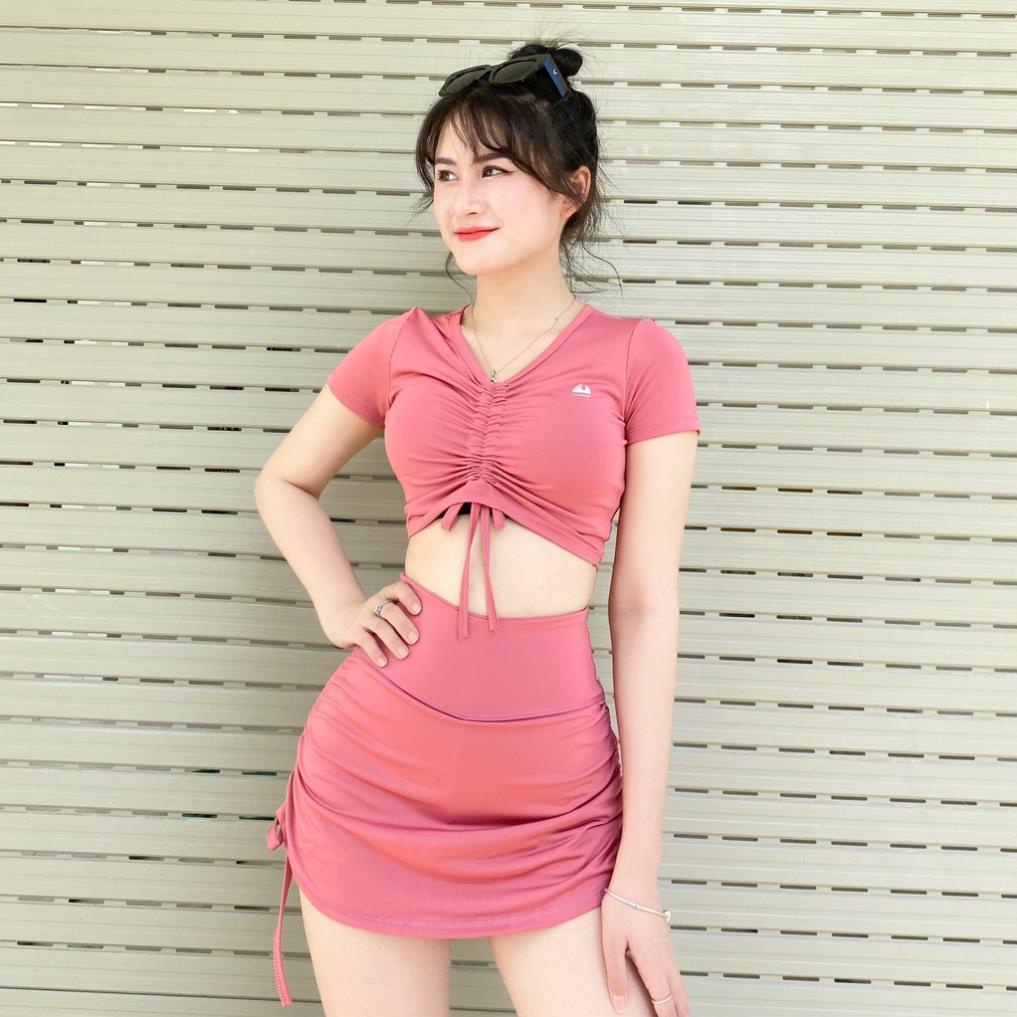Đồ tập gym nữ, set đồ tập erobic đi biển dã ngoại đi bơi nữ chân váy 2 lớp áo croptop rút dây