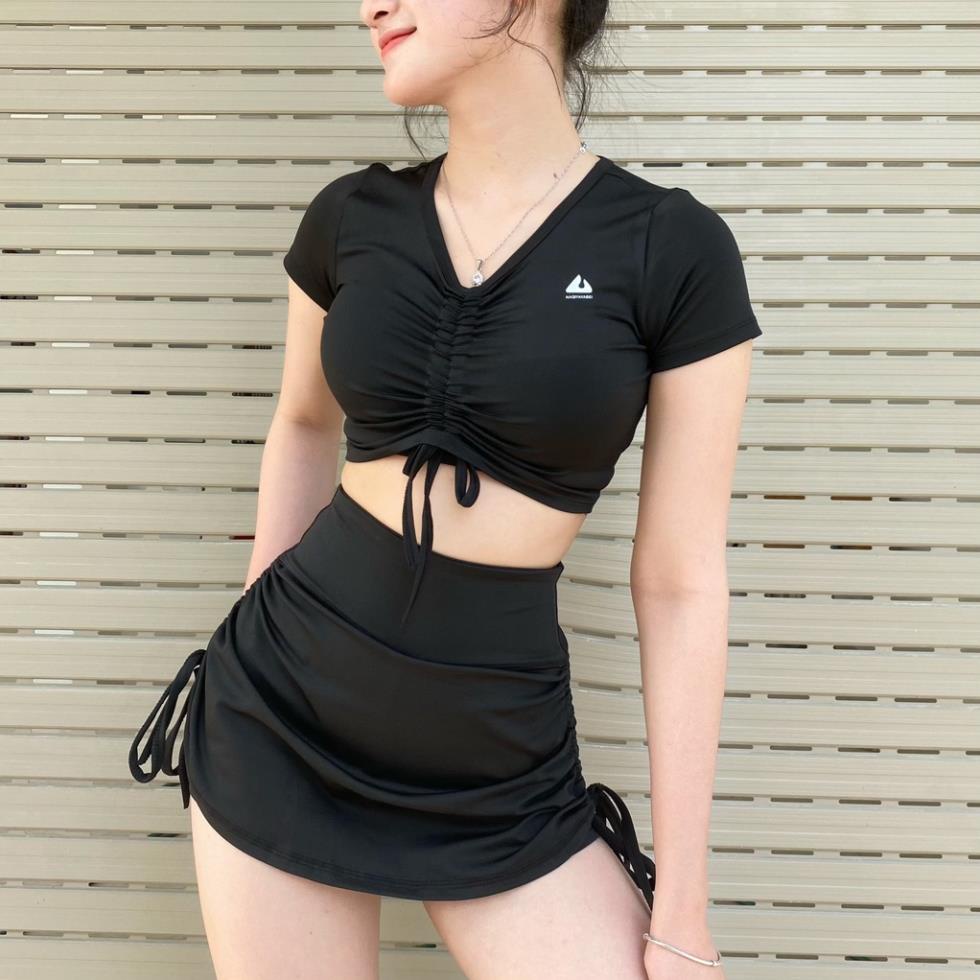 Đồ tập gym nữ, set đồ tập erobic đi biển dã ngoại đi bơi nữ chân váy 2 lớp áo croptop rút dây