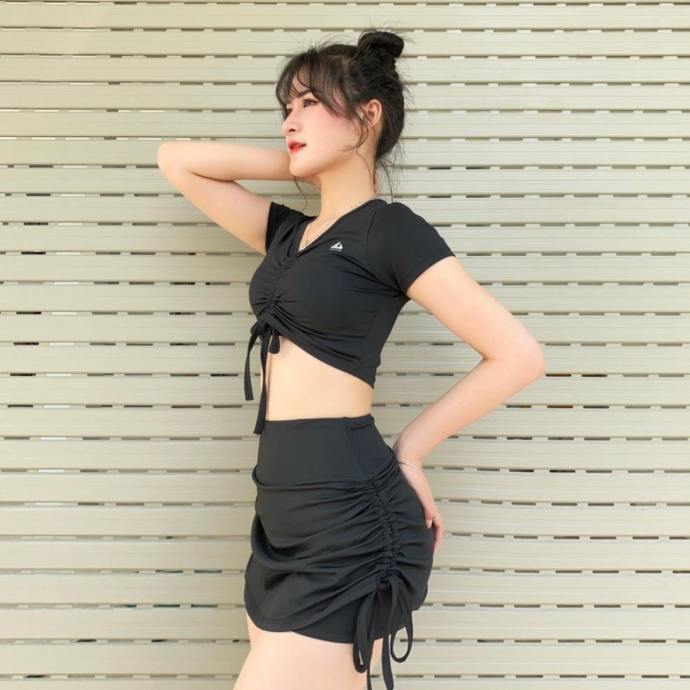 Đồ tập gym nữ, set đồ tập erobic đi biển dã ngoại đi bơi nữ chân váy 2 lớp áo croptop rút dây