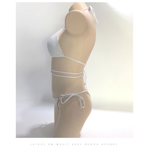 Bikini Đồ Bơi Đi Biển Sexy Chất Thun Gân Màu Trắng Dây Eo Dài Hình Thật